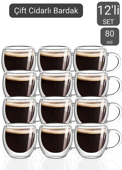 12’li Set Kulplu Espresso Bardağı Doppio Ristretto Bardağı Çift Cidarlı Türk Kahvesi Bardak 80 ml ürün görseli 1