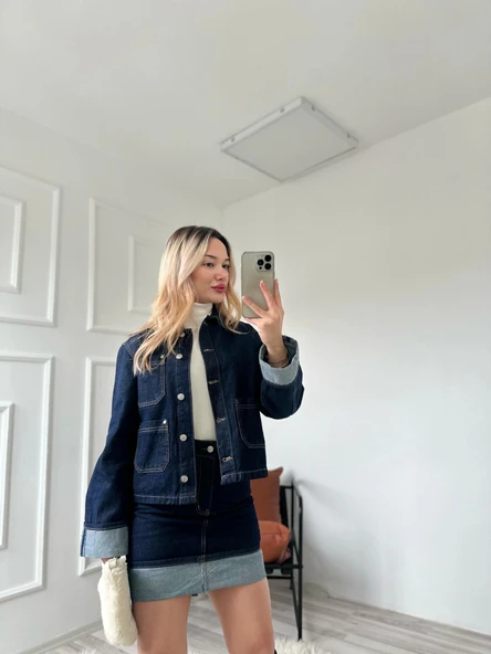 Kadın Denim Etek Ceket Takım Mavi ürün görseli 1