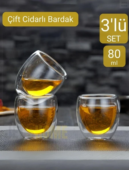 3’lü Set Espresso Bardağı  80 ml Kahve Bardağı Çift Cidarlı Bardak Viski Bardağı ürün görseli 1