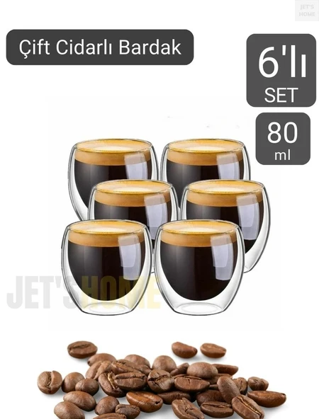 6’lı Set Espresso Bardağı  80 ml Kahve Bardağı Çift Cidarlı Bardak Viski Bardağı ürün görseli 1