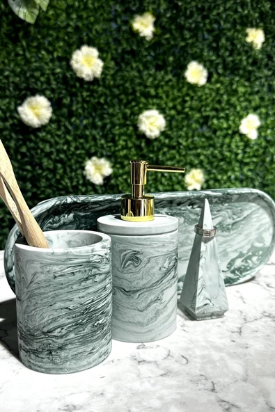 Betonmall 4 Parça Mermer Desenli Beton Banyo Seti Sıvı Sabunluk Diş Fırçalık Yüzüklük Sunum Tepsisi ürün görseli 1