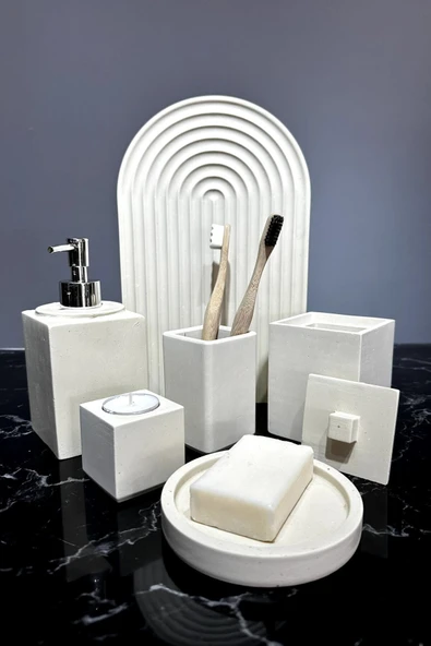 Betonmall 7 Parça Beton Banyo Seti Katı Sıvı Sabunluk Tepsi Diş Fırçalığı Mumluk Tütsülük Sunumluk ürün görseli 1