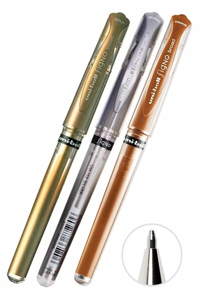 Altın Sarı Gümüş Gri ve Bakır Yaldız İmza Kalemi 3 Adet Uniball Signo 1.0 mm Roller Pilot Kalem Um-153 Davetiye Kalemi ürün görseli 1