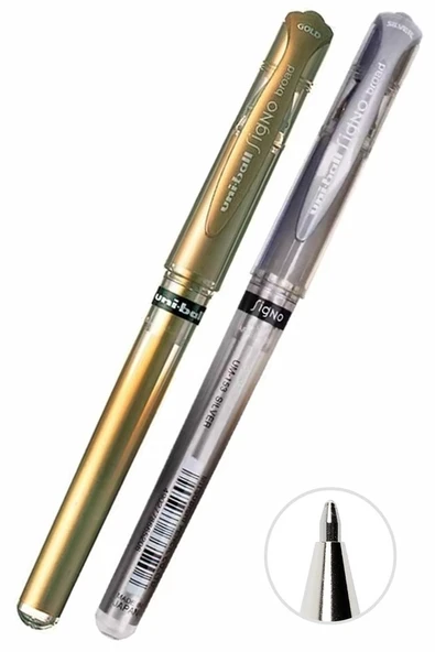 Altın Sarı ve Gümüş Gri İmza Kalemi 2 Adet Uniball Signo Broad 1.0 mm Roller Pilot Kalem Um-153 Yaldızlı Davetiye Kalemi ürün görseli 1