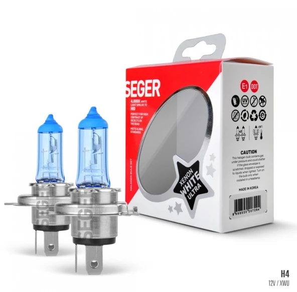 Seger H4 12V 60/55W Xenon White Ultra (4.000K Beyaz Işık) (P43 Tırnaklı) ürün görseli 1