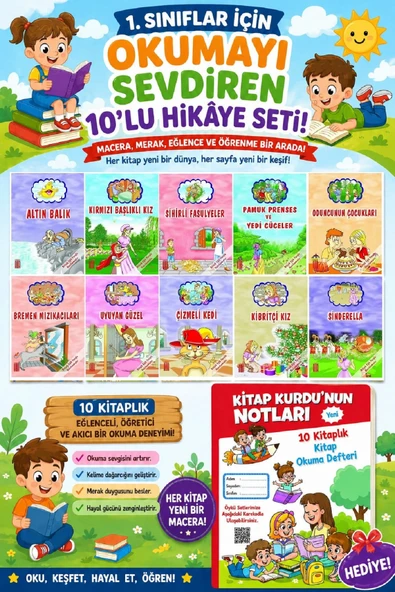 1.Sınıflar İçin Okumayı Sevdiren 10 lu Hikaye Seti 3 (Kitap Okuma Defteri Hediyeli) ürün görseli 1