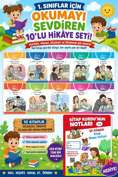 1.Sınıflar İçin Okumayı Sevdiren 10 lu Hikaye Seti 10 (Kitap Okuma Defteri Hediyeli) ürün görseli 1