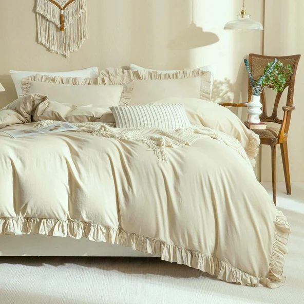Maki Home %100 Pamuklu Fırfırlı Bej 160x220+50x70 Tek Kişilik Nevresim ve Yastık Kılıfı Seti ürün görseli 1