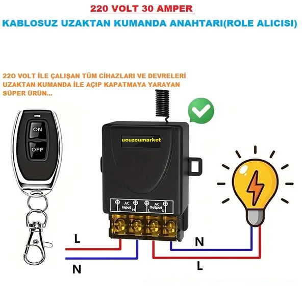 220 VOLT 30 AMPER KABLOSUZ UZAKTAN KUMANDA ANAHTARI(ROLE ALICISI) ürün görseli 1