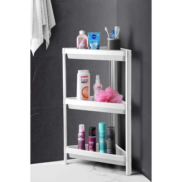 3 Katlı Üçgen Köşe Rafı - Plastik - Banyo, Mutfak, Balkon, Kiler Düzenleyici Raf ürün görseli 1