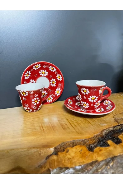 2 Adet Çini Desenli Kahve Fincanı Çini Lale Desenli Tabaklı Fincan Seti 4 Parça ürün görseli 1