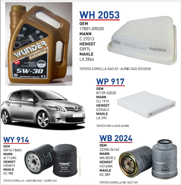 Toyota Auris, Corolla D4D Bakım Seti, Wunder DPF 5W-30 5LT  Motor Yağı, Hava, Yağ, Yakıt ve Polen Filtresi 5Lİ BAKIM SETİ ürün görseli 1
