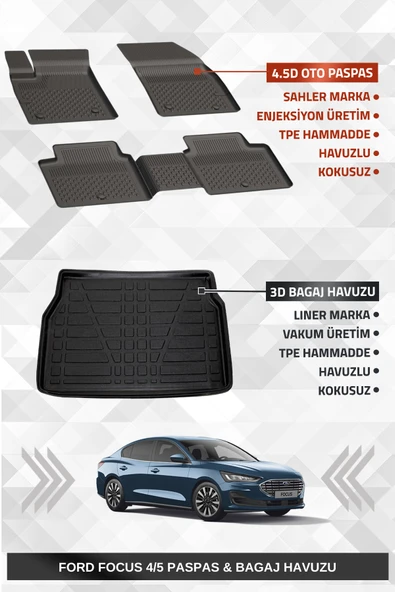 Sahler Focus 4/5 2019+ Sedan Uyumlu 4.5d Premium Havuzlu Paspas ve Liner Marka 3D Bagaj Havuzu ürün görseli 1