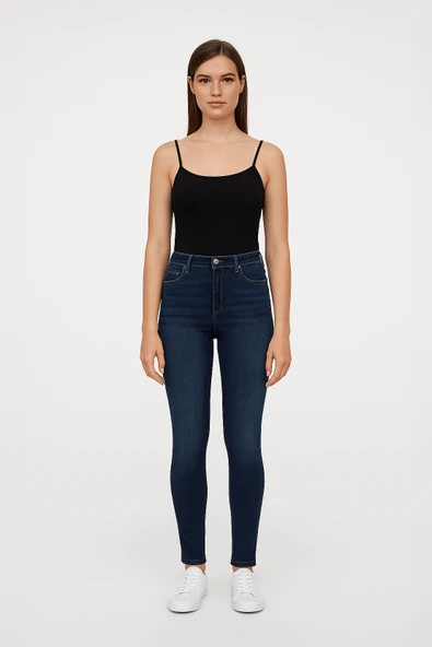 Kadın Yüksek Bel Dar Paça Skinny Fit Likralı Mavi Jean Pantolon ürün görseli 1