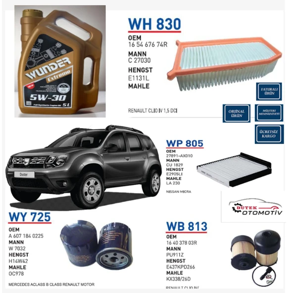 Dacia Duster 1.5 DCI Bakım Seti, Wunder Motor Yağı Dpf 5W-30 5L, Hava Filtresi WH830, Yağ Filtresi WY725, Polen Filtresi WP805, Yakıt Filtresi WB813 5Lİ BAKIM SETİ ürün görseli 1