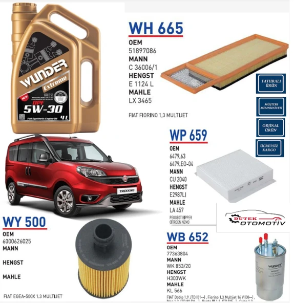 Fiat Fiorino 1.3 Multijet Euro 5 WUNDER 5W30 DPF 4 LT  Motor Yağ ve Bakım Seti, Wunder DPF 5W-30 4LT Motor Yağı, WUNDER  Filtre Seti 5Lİ BAKIM SETİ ürün görseli 1