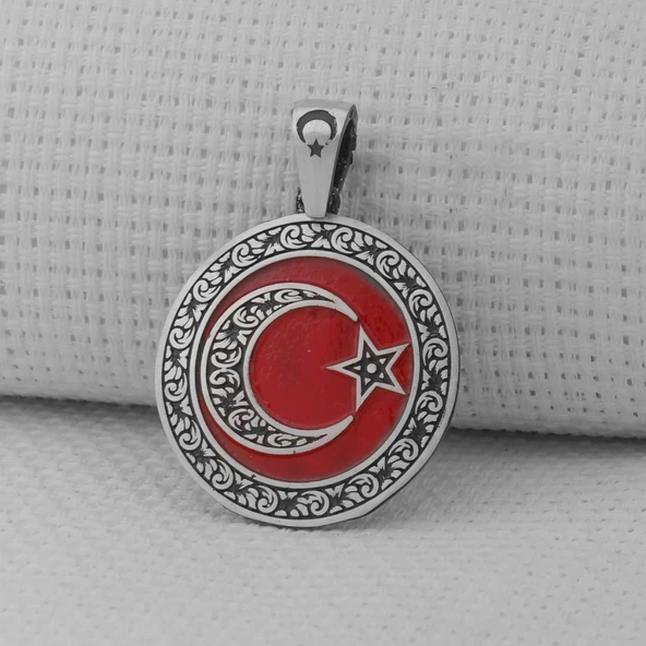 Gravür İşlemeli 925 Ayar Gümüş Büyük Boy Ay Yıldız Kolye Ucu ürün görseli 1