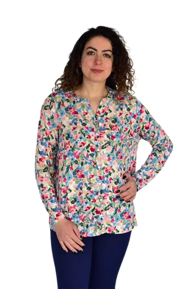 Kadın Çiçek Baskılı Düğmeli Viscon Bluz BGL-ST04275 ürün görseli 1