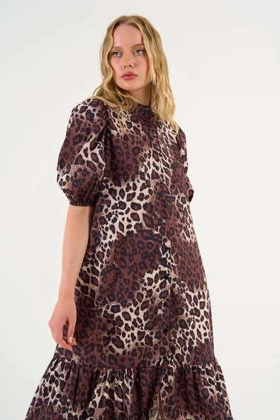 Kısa Kollu Leoparlı Elbise - Leopar - Resim 4