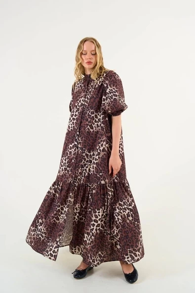 Kısa Kollu Leoparlı Elbise - Leopar - Resim 3