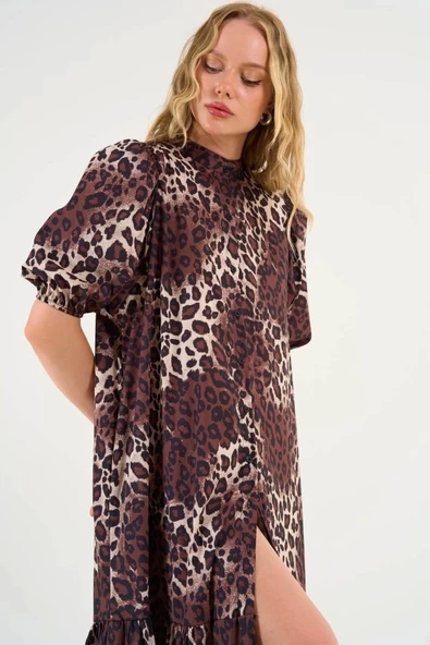 Kısa Kollu Leoparlı Elbise - Leopar - Resim 5