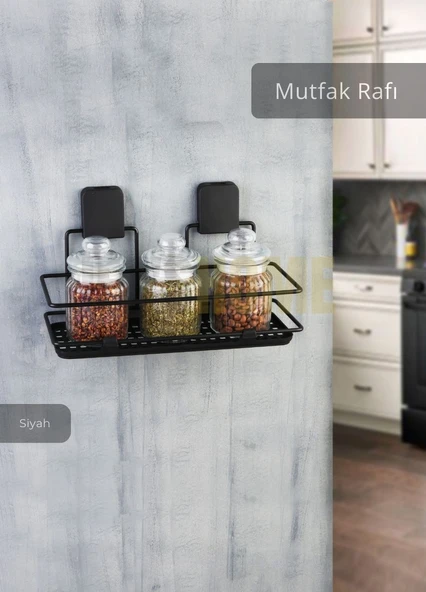 Mutfak Rafı Paslanmaz Banyo Rafı Yapışkanlı Baharatlık Tek Katlı Köşelik Şampuanlık Siyah 12x31x13 ürün görseli 1