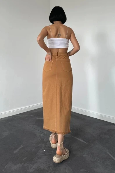 Camel Gabardin Boyamalı Püsküllü Etek - Resim 2