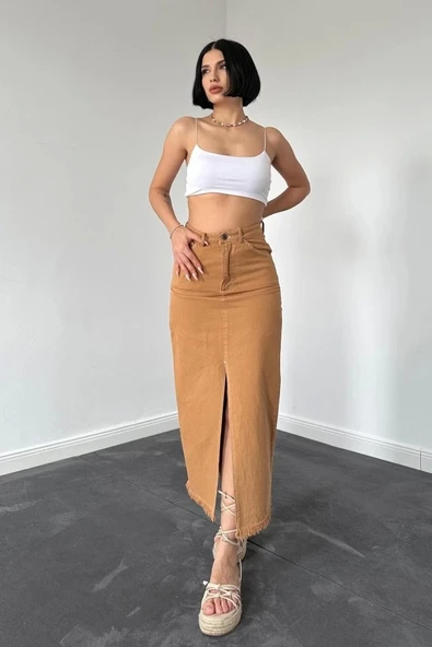 Camel Gabardin Boyamalı Püsküllü Etek ürün görseli 1