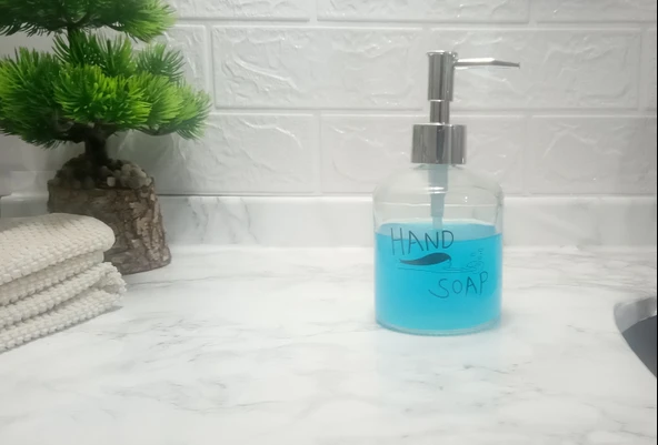 CAM SIVI SABUNLUK,EL SABUNU YAZILI 300ML BANYO SETİ  7,6X15,5CM ürün görseli 1