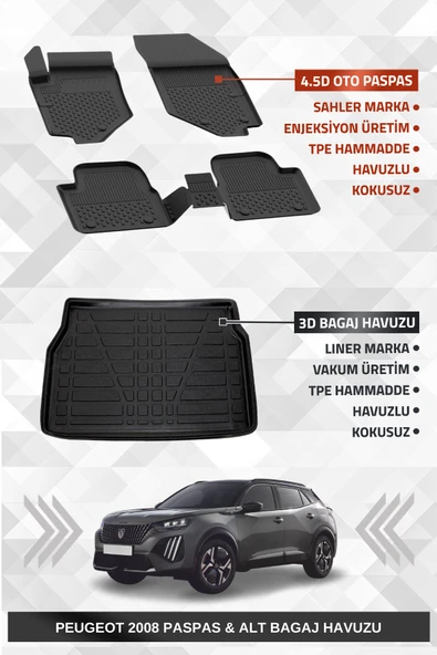 Sahler Peugeot 2008 2019+ Uyumlu 4.5d Premium Havuzlu Paspas ve Liner Marka 3D ALT Bagaj Havuzu ürün görseli 1