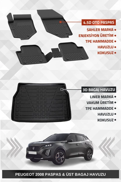 Sahler Peugeot 2008 2019-2025 Uyumlu 4.5d Premium Havuzlu Paspas ve Liner ÜST Bagaj Havuzu - Hybrid Uyumlu Değildir ürün görseli 1