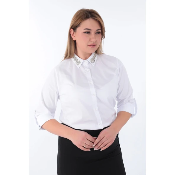 Kadın Yakası Taşlı Cotton Klasik Büyük Beden Ofis Gömlek - 44377 ürün görseli 1