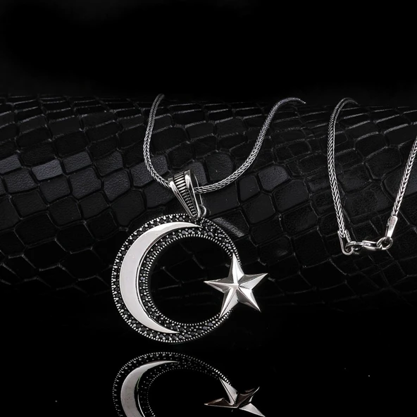 925 AYAR GÜMÜŞ MİKRO TAŞLI AYYILDIZ MODEL MADALYON KOLYE ürün görseli 1