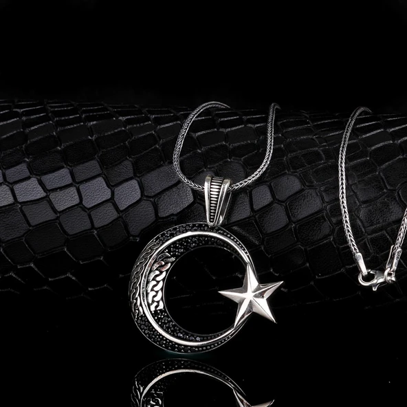 925 AYAR GÜMÜŞ ÖRGÜ MODEL AYYILDIZ MİKRO TAŞLI KOLYE ürün görseli 1