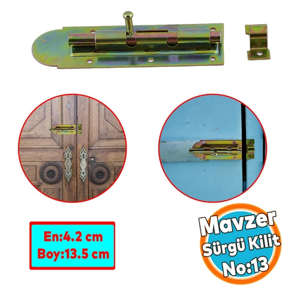 Mavzer Sürgü  Kilit No:14 Kadmiyum 42x135 mm Sürgülü Kapı Pencere Emniyet Kilidi Sürgüsü ürün görseli 1