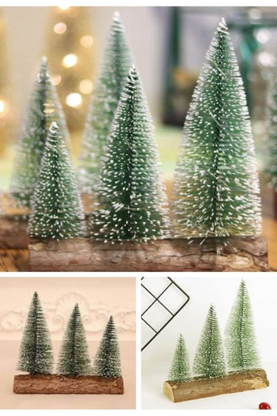 Meşe Kütük Üzerinde Çam Ağaçları 3 Lü Set Nevada Mini Çam Ağaçları Yılbaşı Hediyesi 16-12-10  CM ürün görseli 1
