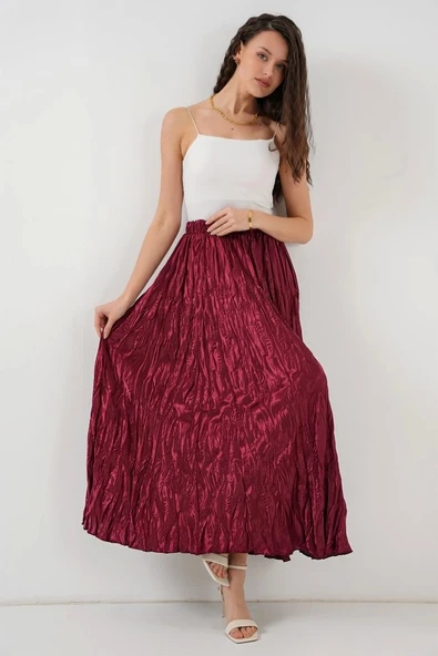 Uzun Kırışık Etek 8034 - Bordo - Resim 3
