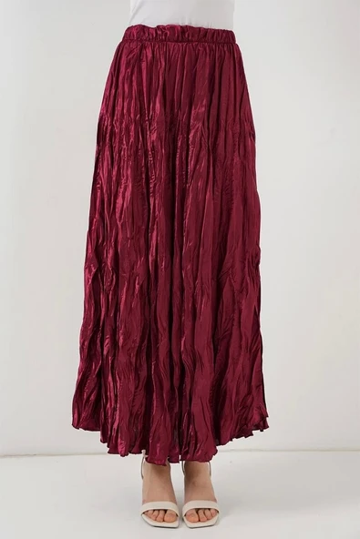 Uzun Kırışık Etek 8034 - Bordo - Resim 4