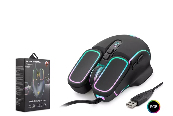 HADRON BOMBER G350 OYUNCU MOUSE KABLOLU 6400 DPI RGB 1.5M (M-70) ürün görseli 1