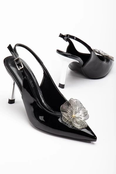 Kadın Abiye Stiletto Siyah Rugan Metal Çiçek Aksesuarlı Galvaniz Ökçe Kaplamalı ürün görseli 1