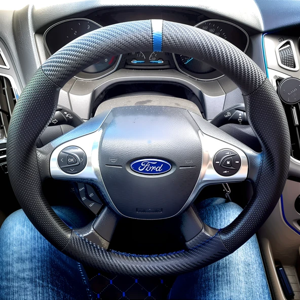 DİKİŞLİ DİREKSİYON KILIFI KARBON DERİ NOKTA DERİ MAVİ YÜZÜK MAVİ DİKİŞLİ FORD FOCUS 2014 SONRASI ürün görseli 1