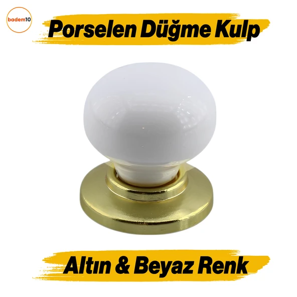 Tere Porselen Gold & Altın Beyaz Düğme Mobilya Mutfak Çekmece Dolap Dolabı Kulpu Kulbu Kulpları ürün görseli 1