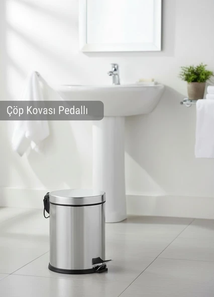 Pedallı Banyo ve Mutfak Çöp Kovası 5 Litre - Krom Metalik Gri Lüks Çöp Kutusu İç Kovalı ürün görseli 1