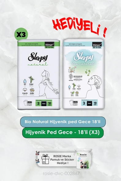 18 'li Bio Natural Hijyenik Ped Gece ve Ultra Hassas Gece 18'li X3 Rosie Hediye ürün görseli 1