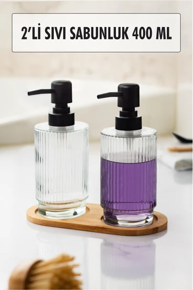 2 Li Bambu Altlıklı Sıvı Sabunluk Seti - Resim 3