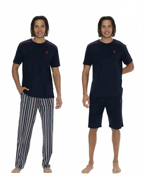 U.S. Polo Assn. Erkek %100 Pamuk 3'lü Çizgili Pijama Takım ürün görseli 1