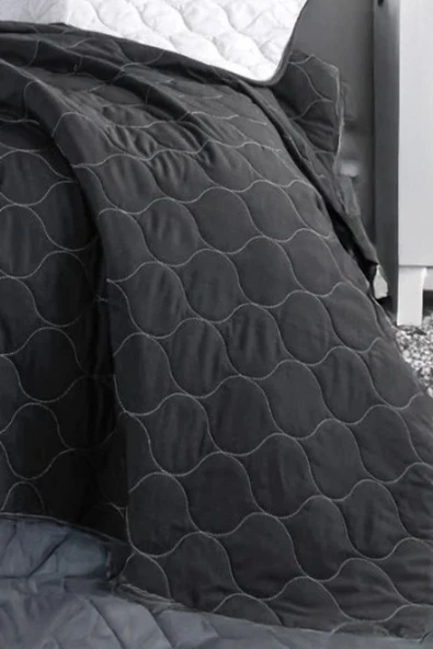 Upstyle Kapitone Yatak Örtüsü Seti Tek Kişilik Solid Siyah-Gri ürün görseli 1