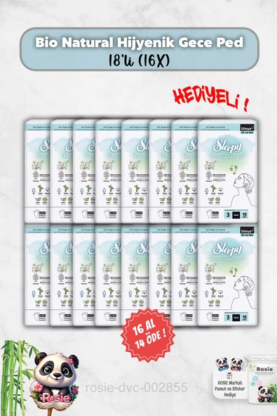Sleepy 16 Al 14 Öde Hijyenik Ped Gece 18'li Bio Natural ve Rosie Hediye ürün görseli 1