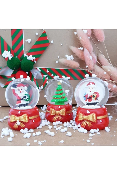 3'lü Set Kar Küre Işıklı Özel Tasarım Dekoratif Yılbaşı Yeni Yıl Işıklı Noel Baba ve Noel Ağacı 6 CM ürün görseli 1