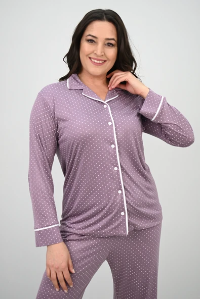 Kadın Büyük Beden Uzun Kollu Önden Düğmeli Pijama Takımı 4234-25 ürün görseli 1